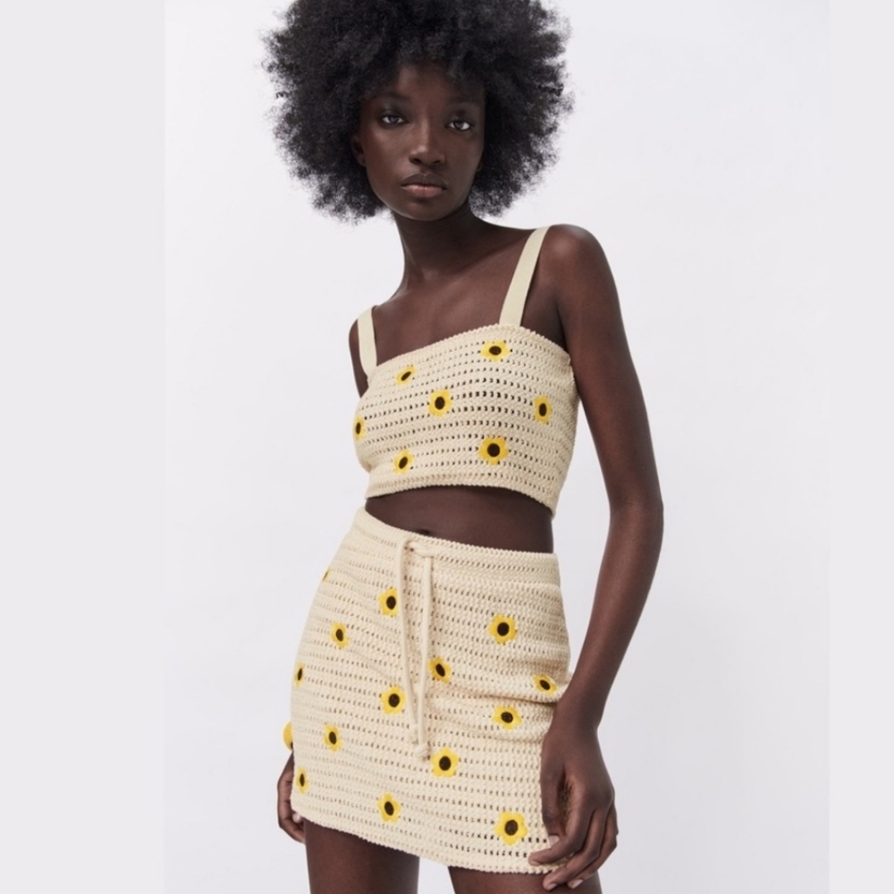 Zara Beige Embroidered Crochet Daisy Crop Top and Skirt Set Large